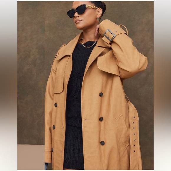 Pretty Little Thing Plus Faux Leather Statement Buckle Trench Coat Tan Size 18 - Picture 4 of 17